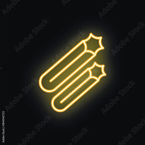 Glowing neon icon of two shooting stars, shining brightly against a black background