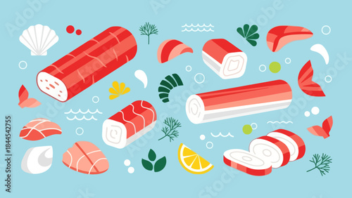 Colorful Sushi and Seafood Assortment with Lemon and Vegetables on Bright