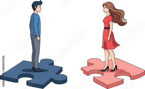 Relationship puzzle illustration, couple compatibility graphic, man and woman connection concept, metaphorical unity artwork, partnership visual design