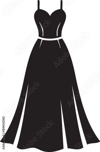 Black sleeveless dress with a sweetheart neckline and a long flowing skirt on a white background