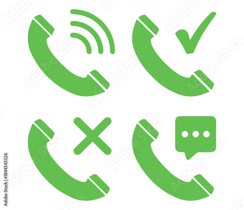 “green phone call icons with check, cross, bubble, signal symbols”