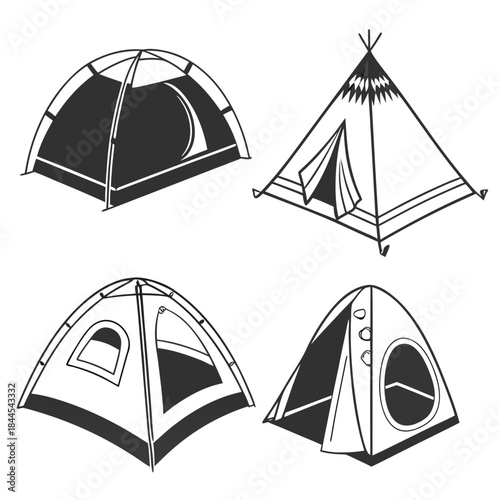 Four black and white tent silhouettes on white background