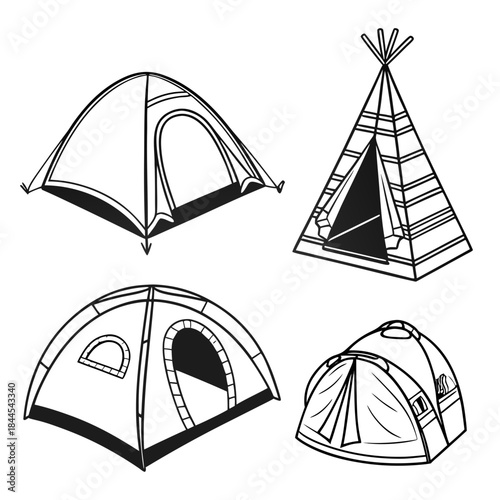 Four black and white tent illustrations on white background