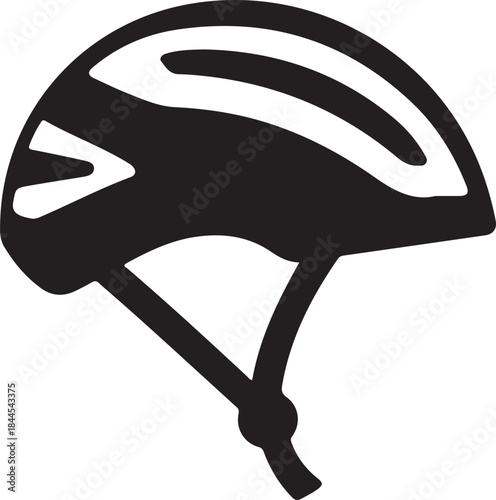 Black and white silhouette of a bicycle helmet with ventilation slots and straps