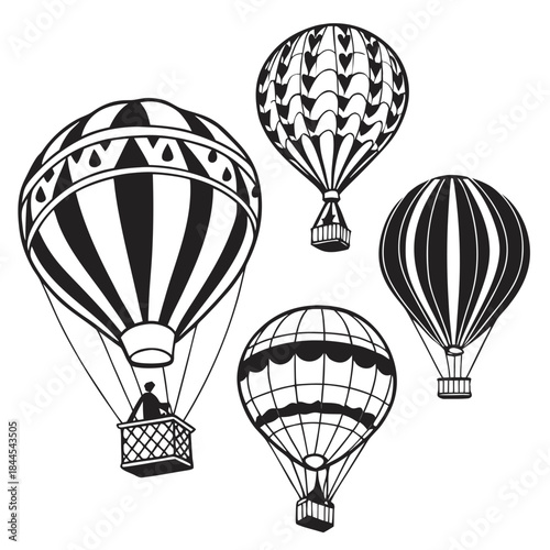 Four black and white hot air balloon illustrations