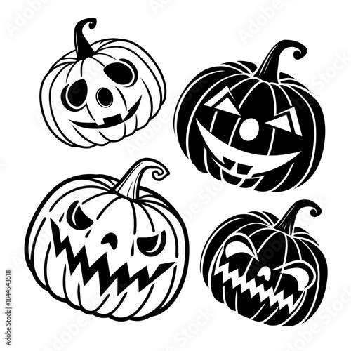 Four black and white Halloween pumpkin faces jack o lantern