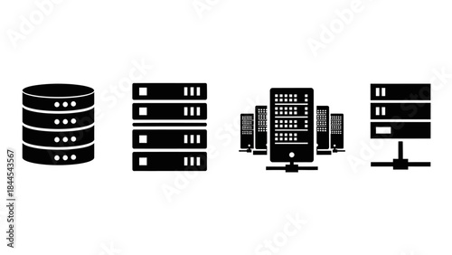 A sleek solid database server setup showcasing various computer hardware components in a modern data center environment from a frontal viewpoint