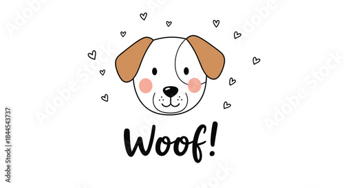 Sweet and simple line drawing of a cute dog's face with the word "Woof!" written below, surrounded by tiny hand-drawn hearts.