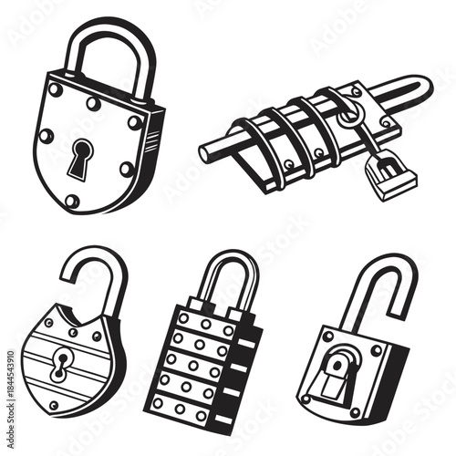 Five black and white lock and padlock illustrations