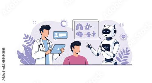 Doctor and patient using an AI robot for medical diagnosis and healthcare consultation in a futuristic clinic illustration.