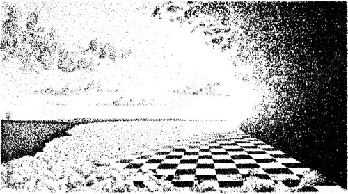 Black and white landscape with checkered pattern. This abstract vector illustration features a sea and sky, creating a unique visual artwork set.