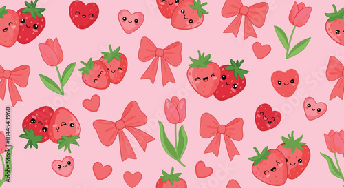 Cute and sweet seamless Valentine's pattern with smiling strawberries, hearts, bows, and tulips on a lovely pink background.