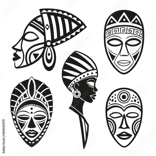 Five black and white African tribal masks and profiles