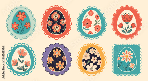 Set of eight colorful Easter egg stickers with intricate floral designs, framed with decorative scalloped and square borders.
