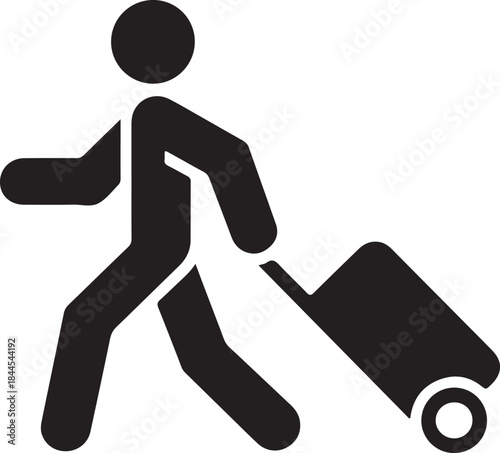 Black silhouette of a person carrying a large suitcase on a journey travel