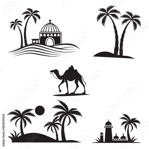 Desert oasis icons with camel and palm trees silhouette