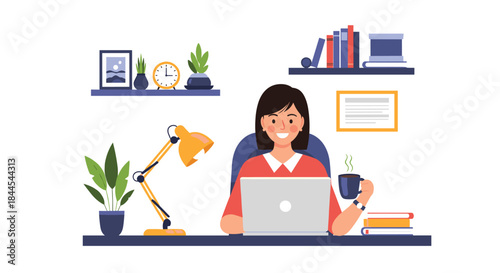 Happy woman working or studying from her cozy home office, sitting at a desk with a laptop and a cup of coffee.