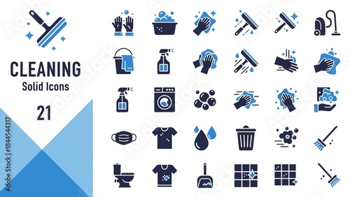 A collection of sleek solid cleaning icons displayed on a clean white background from a straightforward viewpoint