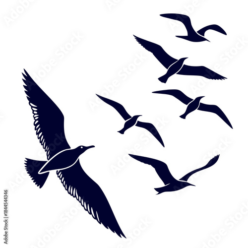 Dark blue silhouettes of seagulls flying in a flock