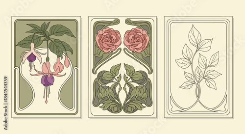 Set of three vintage Art Nouveau posters featuring elegant floral designs of fuchsia and roses in a classic decorative style.