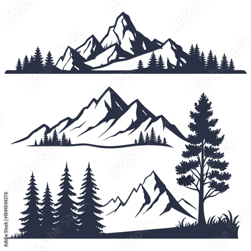 Dark blue mountain and pine tree silhouettes on white 1