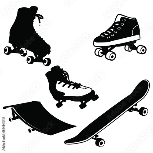 Collection of black roller skate and skateboard silhouettes