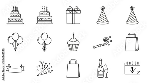 Set of line art icons for birthday and party celebrations including cakes balloons gifts