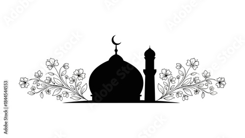 Silhouette of a mosque with crescent moon and floral border Islamic design element