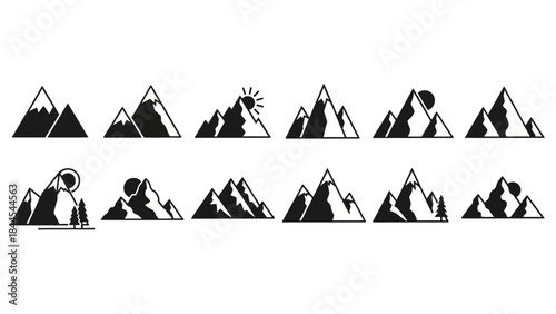 Set of stylized mountain range icons in black and white for design projects