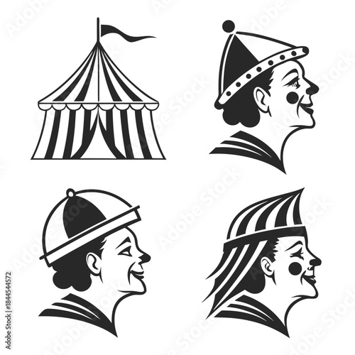 Circus tent and three clown face silhouettes black and white
