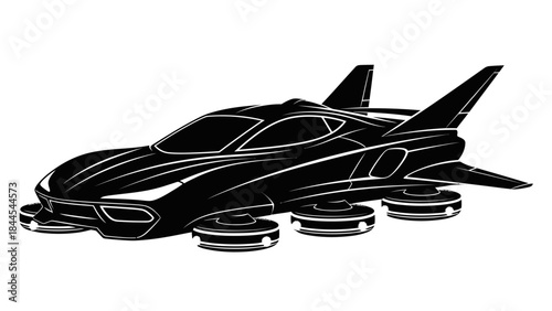 Sleek Futuristic Black Flying Car Illustration with White Outlines Against White Background