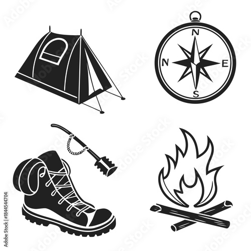 Camping and hiking icons tent compass boot campfire
