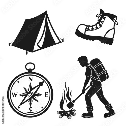 Camping and hiking icons tent boot compass hiker campfire