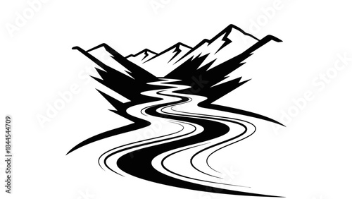 Stylized black and white graphic of a winding river flowing through jagged mountains