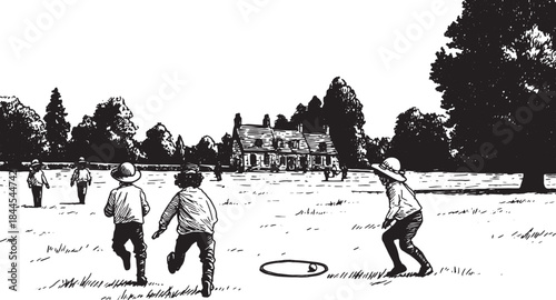 Children playing in a field. Black and white vector illustration of an outdoor scene featuring a house and trees, showcasing summer activities.