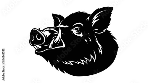 Stylized Black and White Vector Illustration of a Fierce Wild Boar Head