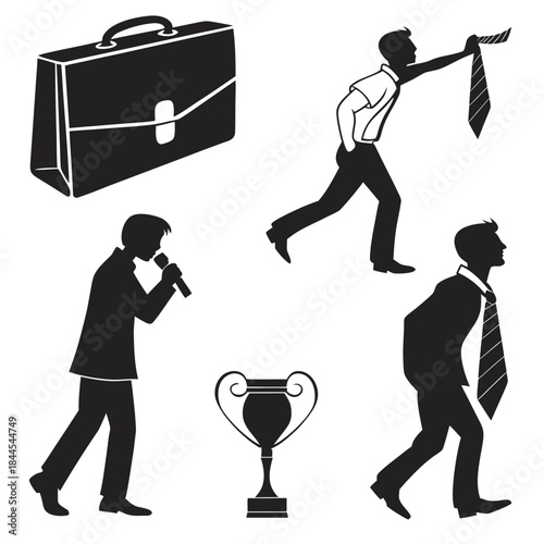 Business icons briefcase man with tie and trophy silhouette
