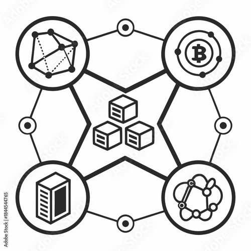 Blockchain network nodes and data blocks graphic connection