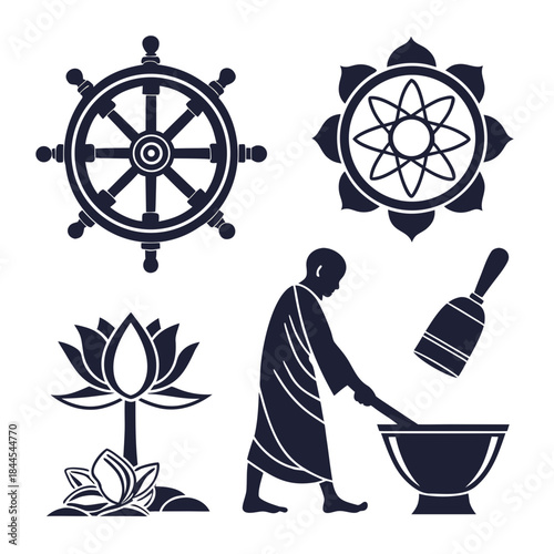 Buddhist symbols dharma wheel lotus monk mortar pestle