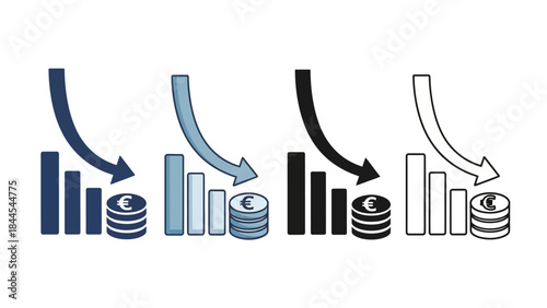 Graphic illustration of sleek business graphs and charts with downward trends and coins, representing financial analysis and market data in a modern office environment from a straightforward viewpoint