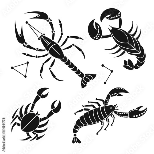 Black zodiac constellation outlines of crustaceans and scorpions