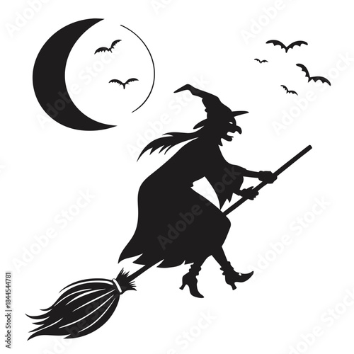 Black witch flying on broomstick with bats and moon