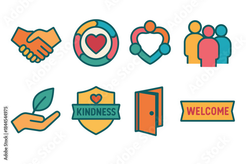 Pixel Art Icons Representing Community Support Kindness Welcome Partnership Open Door and Growth With A Leaf Symbol In Warm Orange Teal And Yellow Colors On Black Background Vector Illustration