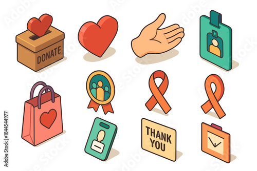 Pixel Art Icons Representing Charity Donation Support Awareness And Gratitude Including Donation Box Heart Hand Bag Badge Ribbon And Thank You Sign