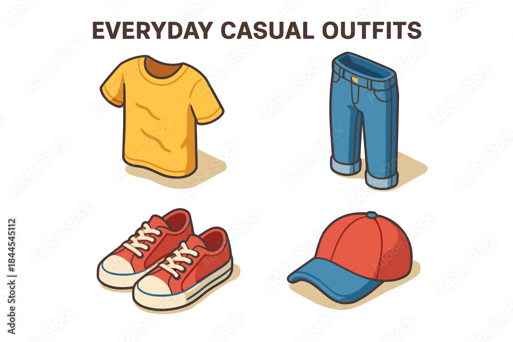 Naklejka premium Pixel Art Everyday Casual Outfits Featuring A Yellow T Shirt Blue Jeans Red Sneakers And A Baseball Cap On A Black Background With Text Overlay Everyday Casual Outfits