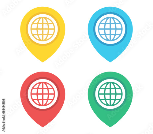 “globe icons in colorful location pins, yellow blue red green vector design”