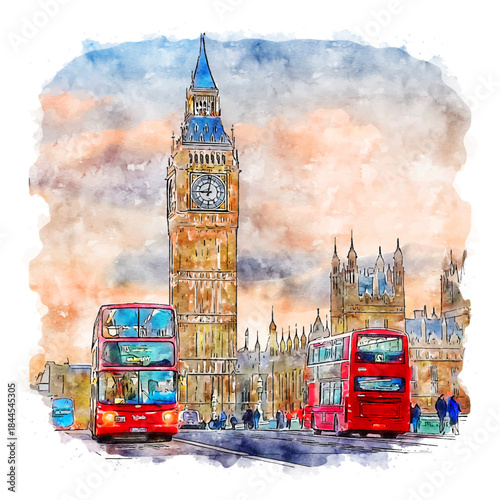 Watercolor Illustration of Big Ben and Red Double-Decker Buses in Iconic London Street Scene at Sunset