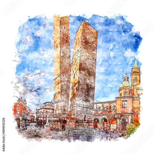 Watercolor Illustration of Bologna’s Two Towers with Historic Architecture and Blue Sky in Italian Cityscape