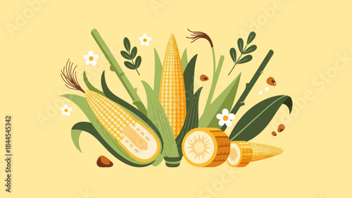 Freshly Harvested Corn and Green Vegetables with Floral Accents