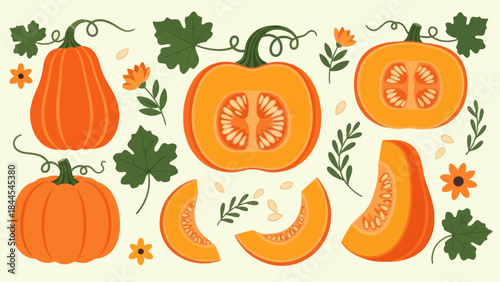 Vivid autumnal pumpkin and squash harvest illustration with decorative leaves